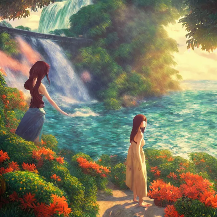 Prompt: an epic makoto shinkai and renoir landscape with a hawaiian waterfall, golden hour, 🌺, a beautiful woman with long chestnut hair, ultra smooth, octane render, lois van baarle, ilya kuvshinov