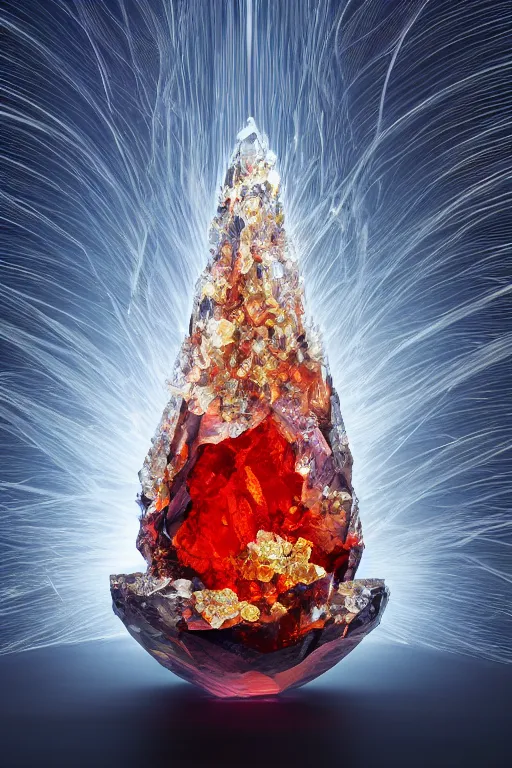 Prompt: A single elemental fire crystal covered in organic shapes and glowing with power, Sitting alone, Surrounded by darkness, concept art, illustration, burning hot. Magic Stone. Ruby Stone. Gold. Crystal structure. Symmetrical. Spirals. Melting. Honey. Intricate. Zaha Hadid shapes. Hyper Real. 4K. Octane Render. Refraction. Caustics. Empty Background. Black Background. No Background. Seriously, no background.