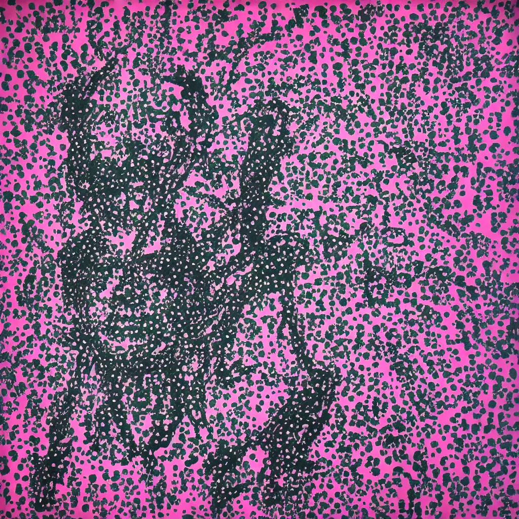 Image similar to camo made of out teeth, smiling, abstract, maya bloch artwork, pink convertible, do hoang tuong artwork, cryptic, dots, stipple, lines, splotch, color tearing, pitch bending, faceless people, dark, ominous, eerie, minimal, points, technical, old painting