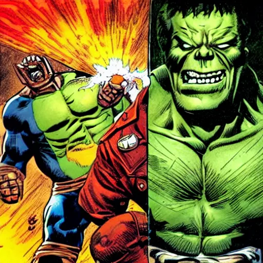 Image similar to ghost rider holding the hulk by the throat, marvel, jack kirby, jim lee