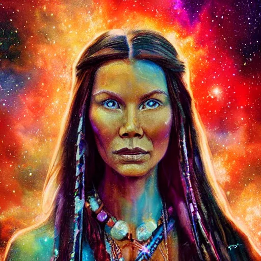 Image similar to a portrait of Pocahontas in the space with nebulae, realistic painting, high definition, digital art, matte painting, very detailed, realistic