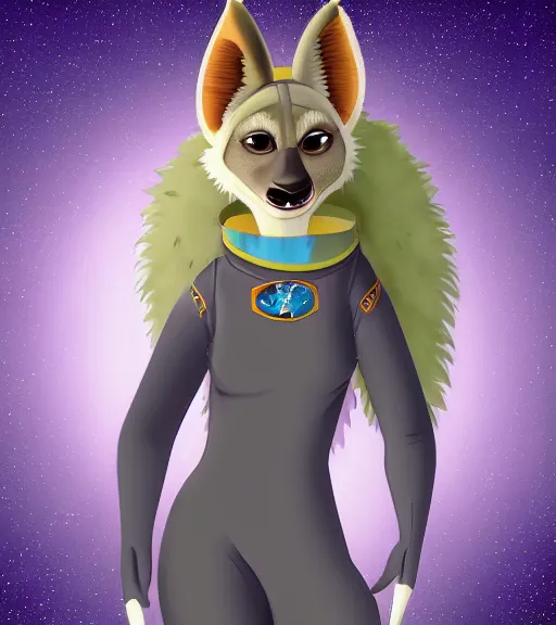 Image similar to digital detailed full body of anthromorphic female hyena, in style of zootopia, fursona, furry, furaffinity, 4 k, deviantart, wearing astronaut outfit, in style of zootopia, floating in space, space background, in deep space, dark background, hyena fursona, cyberpunk, female, stylized face,