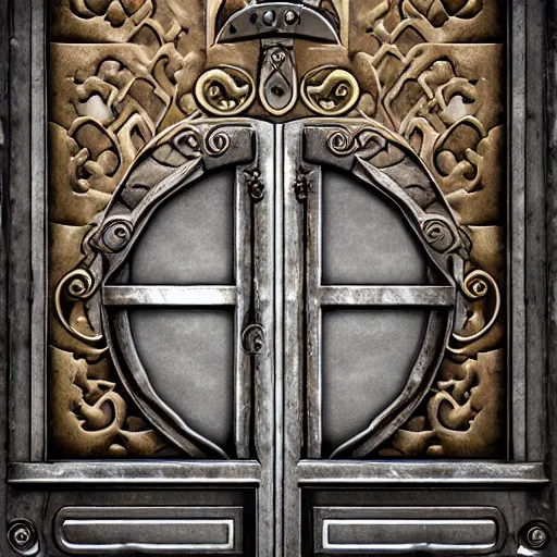 Image similar to cartoon style iron arc gate door texture,, matte painting, 2 d texture