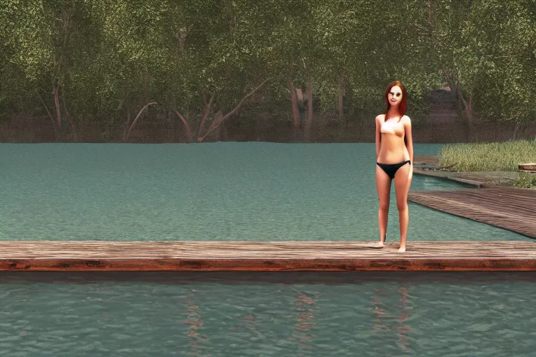 Prompt: girl swimming in a pond, weathered wooden dock, detailed, unreal engine, realistic, detailed, 8 k, diffuse lighting, cinematic