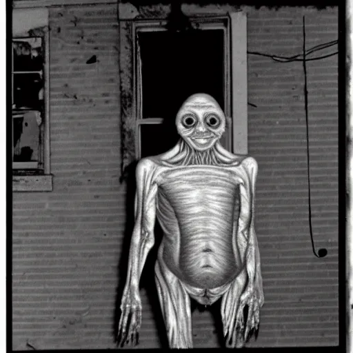 Image similar to 1 9 8 3, found footage, old abandoned house, creepy mutant flesh creature, flesh blob