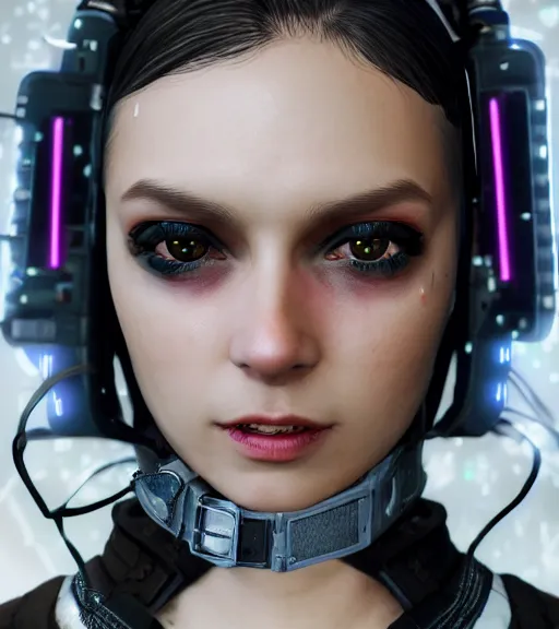 Image similar to detailed realistic female character cyberpunk wearing thick technological collar around neck, realistic, art, beautiful, 4K, collar, choker, collar around neck, punk, artstation, detailed, female, woman, choker, cyberpunk, neon, punk, collar, choker, collar around neck, thick collar, tight around neck, punk,