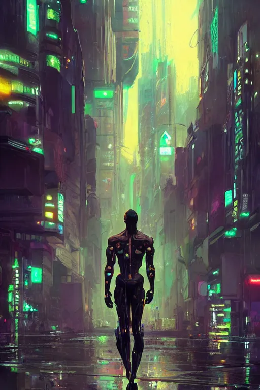 Image similar to black male cyborg body modifications hd greg rutkowski low perspective! cyberpunk city neon rain