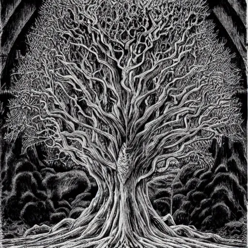 Image similar to Tree of Pain from Hyperion by Kentaro Miura, highly detailed, black and white