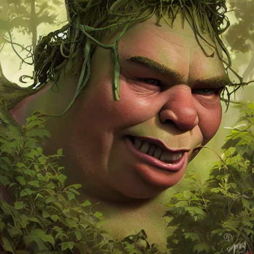 Image similar to shrek hiding in the bushes, highly detailed, digital painting, artstation, concept art, smooth, sharp focus, illustration, art by artgerm and greg rutkowski and alphonse mucha