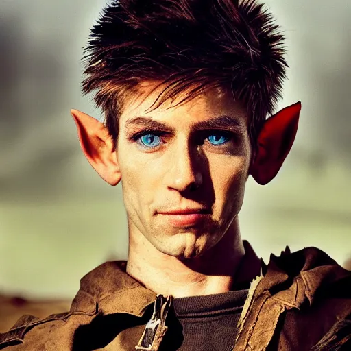 Image similar to close up headshot of a skinny high-fantasy elf with a long face narrow chin and spiky blonde hair wearing dark brown overalls and holding a bomb next to a destroyed car, gel spiked hair, high resolution film still, HDR color