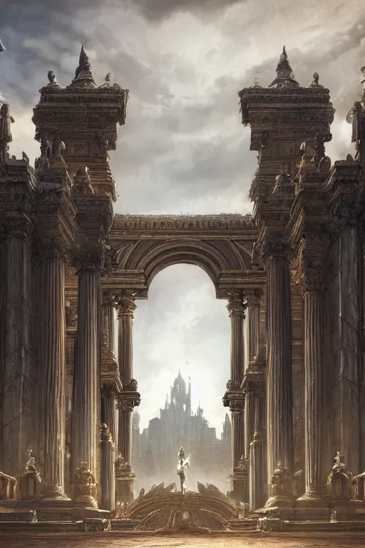 Prompt: gigantic palace, adorned pillars, towers, landscape, alex ross, neal Adams, david finch, concept art, matte painting, highly detailed, rule of thirds, dynamic lighting, cinematic, detailed, denoised, centerd