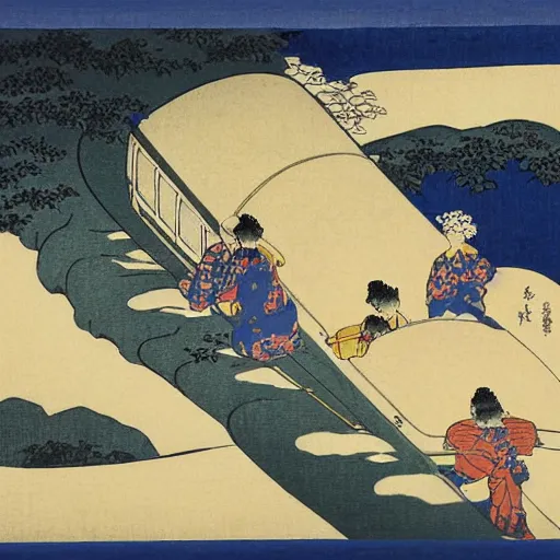 Image similar to train, painting by hokusai