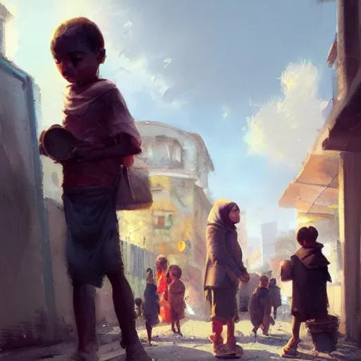 Image similar to oil painting of orphaned children asking for food in the streets of the city, by greg rutkowski, artstation