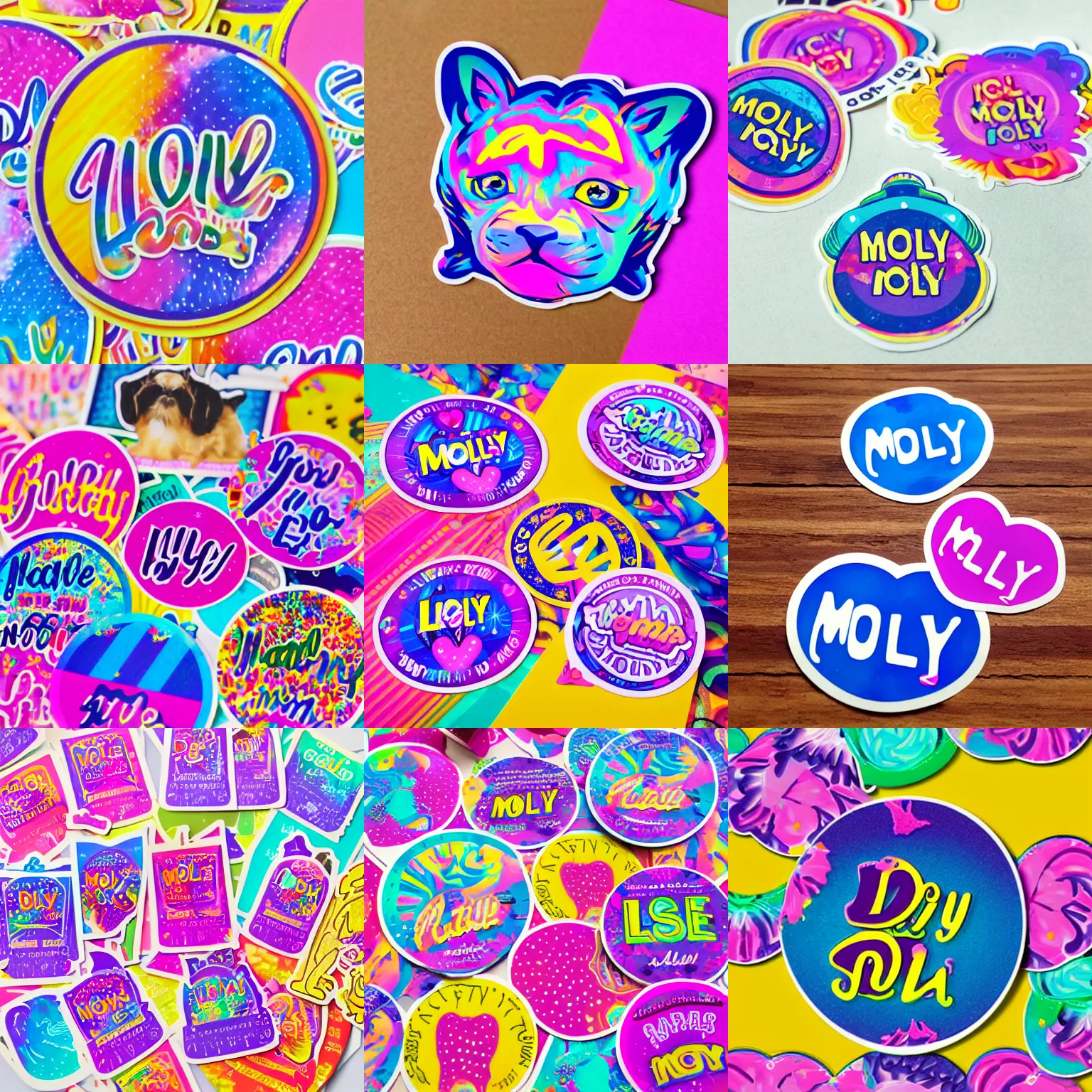 Prompt: die cut stickers with text'molly'in the style of lisa frank