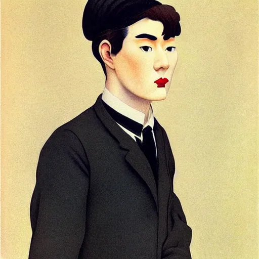 Image similar to full body painting of grumpy handsome thin beautiful man in his 2 0 s named min - jun in a french female maid outfit, modern clothing, elegant, clear, painting, stylized, delicate facial features, stylized thin lines, soft but grumpy, highly detailed, art, art by egon alphonse magritte