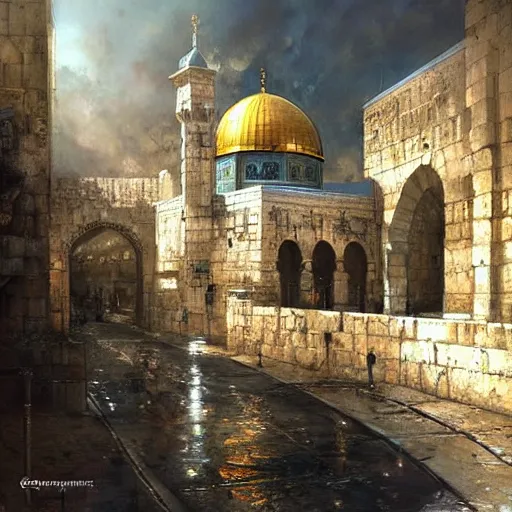 Image similar to the old city of jerusalem by raymond swanland, highly detailed, bright tones