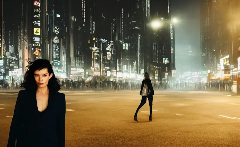 Prompt: a wide shot of a woman with a wool suit, very short dark hair, blurred face, wearing an omega speedmaster on her wrist in front of a crowded dystopian city full of people walking at night with fog and cyberpunk lights