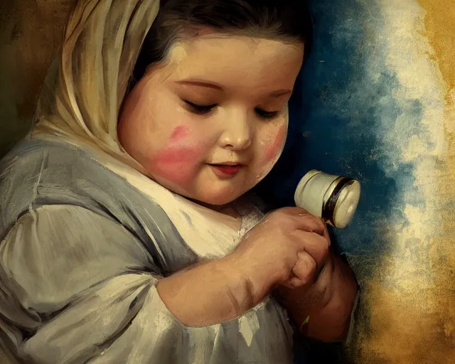 Image similar to very stylized old photo portrait of a fat sweet little girl painting a house on the wall, full body. long shot. beautiful hands, flowery cloth. subsurface scattering shiny skin. beautiful lighting, 4 k post - processing, trending in art station, cg society, highly detailed, 5 k extremely detailed, 3 d. cinematic scene. sharp details. bokeh