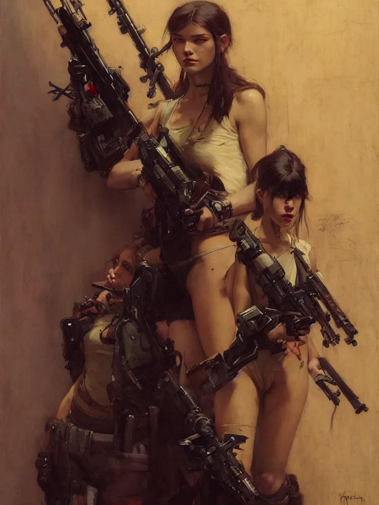 Image similar to portrait max mad cyberpunk, girl with a rifle character design, painting by gaston bussiere, katsuya terada, nc wyeth, greg rutkowski, craig mullins, vermeer, frank frazetta, tom of finland, trending on artstation, jeffery catherine jones