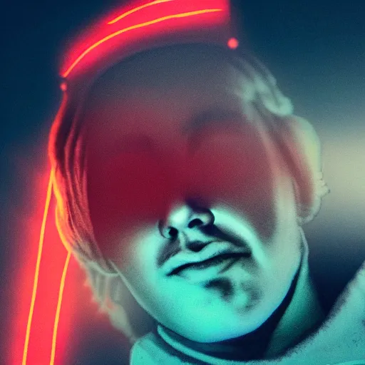 Image similar to lil peep on mars looking at camera, detailed, close shot, moonlight, red lighting, neon, glitch, synthwave, boke,