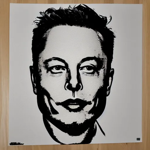 Prompt: elon musk's face logo as a silkscreen print art / serigraphy designs cut out of paper or another thin, strong material and then printed by rubbing, rolling, or spraying paint or ink through the cut out areas