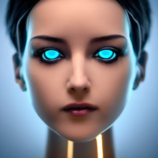 Prompt: womanized humanoid robot made of steel, beautiful face, glowing eyes, blue short hair, big breasts, anatomically correct, futuristic, glowing details, symmetrical, unreal engine, ray tracing, 8 k, uhd, ultrarealistic, clear, sharp, highly detailed