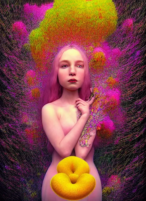 Prompt: hyper detailed emotional 3d render like a Oil painting - Aurora (Singer) looking adorable and seen joyfully Eating of the Strangling network of muted yellowcake aerochrome cracks and milky Fruit and Her delicate Hands hold of gossamer polyp blossoms bring iridescent fungal flowers whose spores black the foolish stars to her adorable smirking mouth by Jacek Yerka, Mariusz Lewandowski, Houdini algorithmic generative render, Abstract brush strokes, Masterpiece, Edward Hopper and James Gilleard, Zdzislaw Beksinski, Mark Ryden, Wolfgang Lettl, hints of Yayoi Kasuma, octane render, 8k