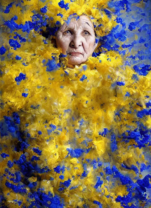 Prompt: crying old ukrainian woman!!!!, fully covered in yellow and blue clouds!!!, disarming, enchanting, fragile, hopeful, cloudcore, portrait, by kim keever