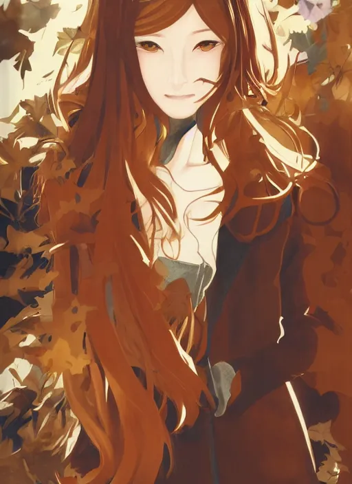 Image similar to illustration by shigenori soejima, by tatsuki fujimoto, by yoji shinakawa, girl with fox ears, long wavy orange hair, light brown trenchcoat, forest background, focus on face, pretty, moody lighting, painterly