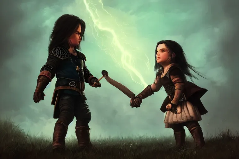 Prompt: Little Geralt and little Yennefer play together, Yennefer using magic spell, digital art by greg rutkowsky, masterpiece, balanced colors HD, artstation, volumetric lightning