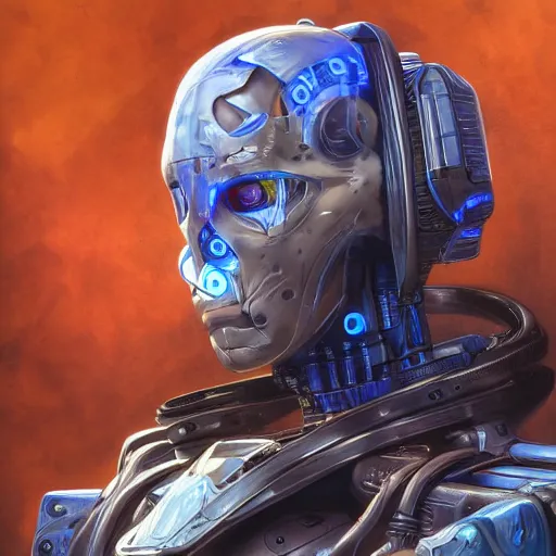 Prompt: low angle shot of a cyberpunk gazmask robot character with blue eyes, front shot, intricate, elegant, highly detailed, centered, digital painting, artstation, concept art, smooth, sharp focus, illustration, artgerm, Tomasz Alen Kopera, Peter Mohrbacher, donato giancola, Joseph Christian Leyendecker, WLOP, Boris Vallejo