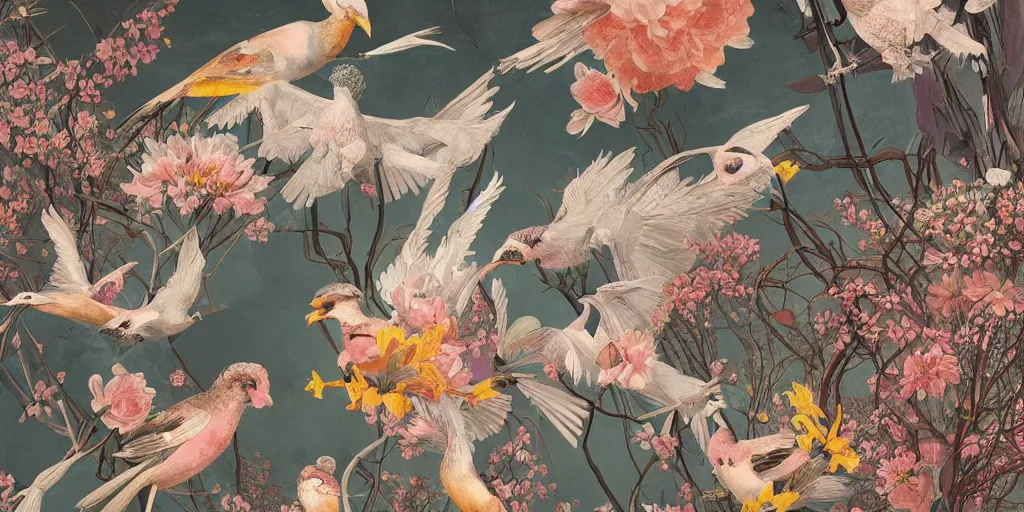 Prompt: breathtaking detailed concept art painting art deco pattern of birds goddesses amalmation flowers with blend of flowers and birds, by hsiao - ron cheng and john james audubon, bizarre compositions, exquisite detail, extremely moody lighting, 8 k