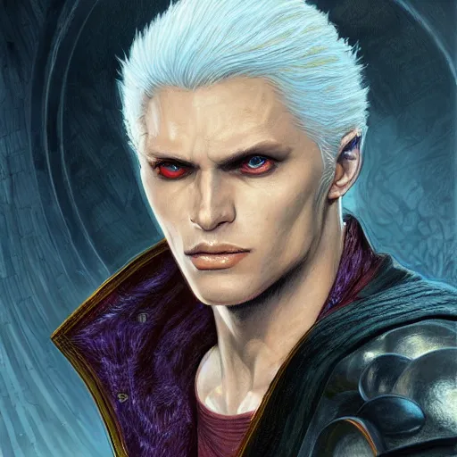 Prompt: Vergil from DMC as a fantasy D&D character, portrait art by Donato Giancola and James Gurney, digital art, trending on artstation