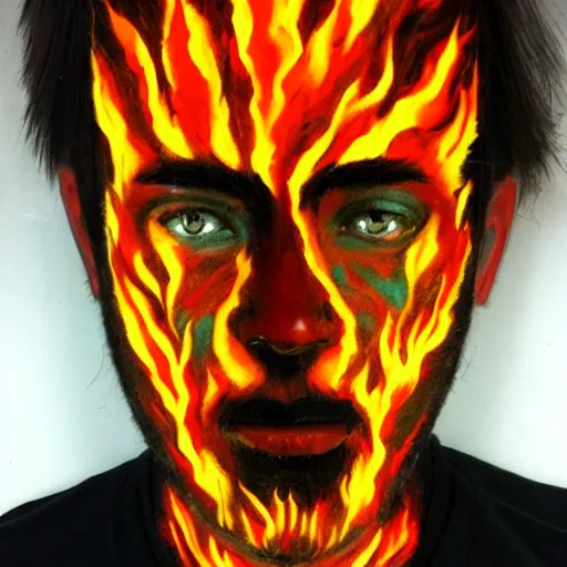 Prompt: image with male face made of fire, artistic drawing, made entirely from painted flames, made entirely from painted flames, made entirely from painted flames, made entirely from painted flames, made entirely from painted flames, trending on Artstation