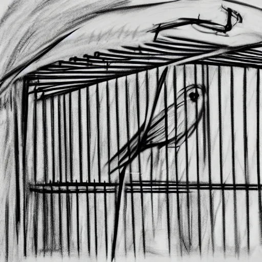 Image similar to a rough charcoal sketch of a bird inside a cage, black and white, 3 5 mm, long exposure