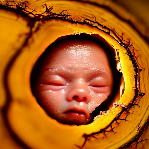 Prompt: macro photography extreme closeup of baby justin sun face hatching from cracked pine apple