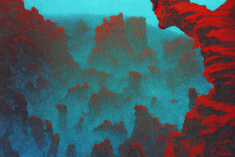 Image similar to craggy rock plains, art by beksinski and pauline baynes, trending on artstation, iridescent cool blue and cyan and red and blue and yellow and green lighting camera view from above surrealism, very very intricate, concept art, fisheye lens, situationist international