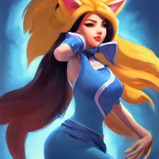 Image similar to greg manchess portrait painting of ahri as overwatch character, medium shot, asymmetrical, profile picture, organic painting, sunny day, matte painting, bold shapes, hard edges, street art, trending on artstation, by huang guangjian and gil elvgren and sachin teng