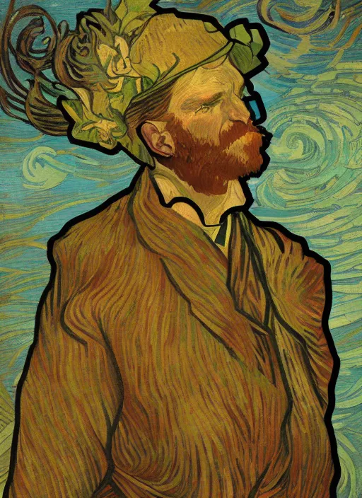 Prompt: Vincent van Gogh pastiche by Alphonse Mucha, artstation, cinematic, award winning, original modern artwork displayed on Singaporean skyscraper