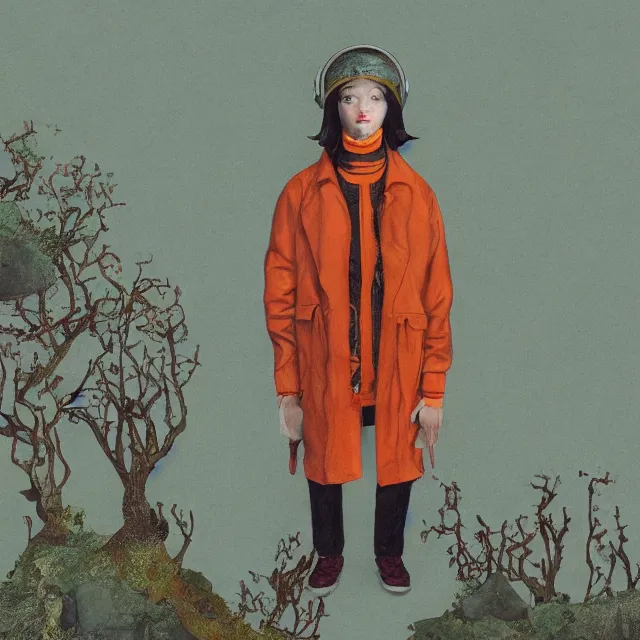 Image similar to portrait of alone androgynous girl wearing long orange vintage leather coat, bakelite rocky mountains, moss green japanese haunted forest background, ultrafine hyperdetailed illustration by hsiao - ron cheng and artgerm, wearing giant modular synthesizer 8 0 s sony stereo helmet and backpack, the grand budapest hotel, glow, no crop, digital art, artstation, pop art