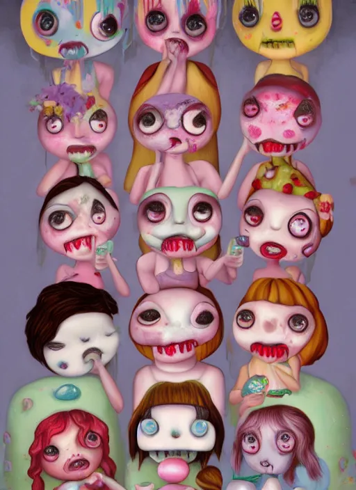 Prompt: fnafs eating cakes painted by mark ryden, detailed digital art, trending on Artstation