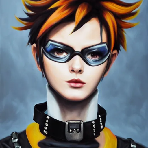 Image similar to oil painting of punk tracer overwatch in a field wearing very large black leather belt choker collar around neck, in style of mark arian, expressive face, very detailed face, very detailed eyes, full body, feminine face, detailed makeup on eyes, tracer overwatch,