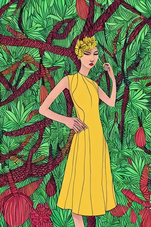 Prompt: melon colored dress, fashion illustration by eko nugroho, jungle background, finely detailed
