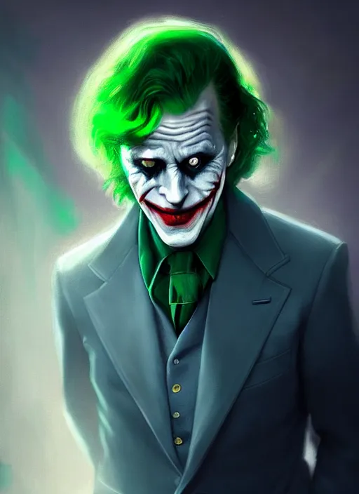 Image similar to portrait of joe biden as the joker, green hair, intricate, elegant, glowing lights, highly detailed, digital painting, artstation, concept art, sharp focus, illustration, art by wlop, mars ravelo and greg rutkowski