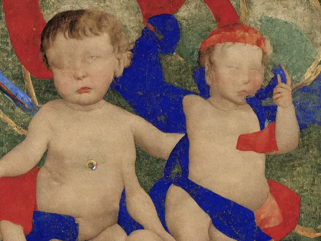 Image similar to close up of baby in a box. lapis lazuli, malachite, cinnabar, gold. painting by piero della francesca, balthus, agnes pelton