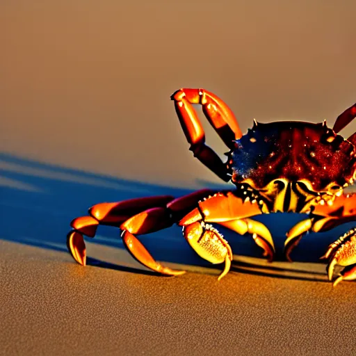 Prompt: crab ( holding a knife in its claw ) nature photography, golden hour