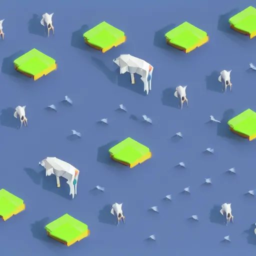 Prompt: isometric low poly render of a ufo flying over and abducting cows from a pasture. cows casting shadows.