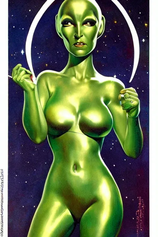Image similar to beautiful alien extraterrestrial species female babe in a tight fitting silver metallic bikini spacesuit, , big silver head with eyestalk antennae, green skinned, big black almond shaped alien eyes by Mort Kunstler and Gil Elvgren