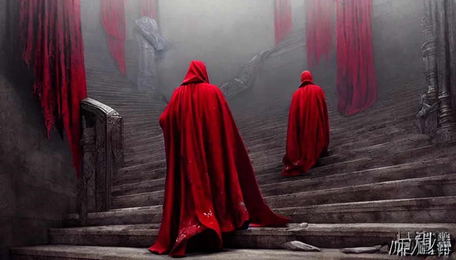 Prompt: figures in red cloaks ascend huge creepy fantasy stairs, cinematic, movie still, art by ruan jia and albert voidstar