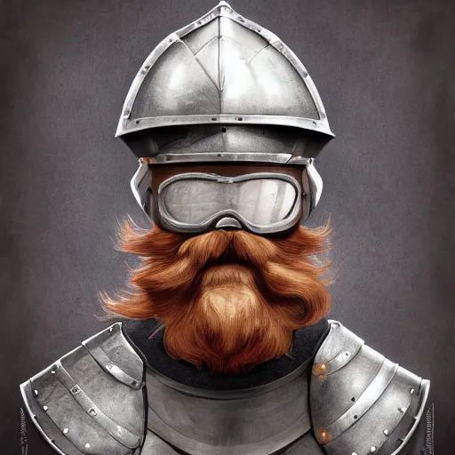 Image similar to An old man with a ginger beard, wearing knights armour and a fire fighters helmet, highly detailed, digital art, sharp focus, trending on art station, anime art style